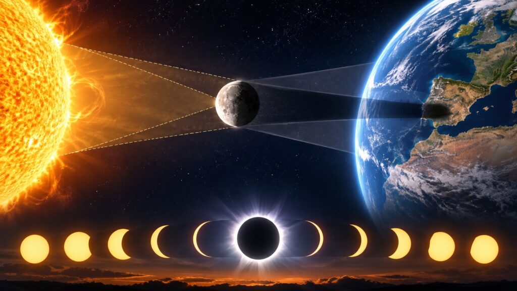 Cómo se produce un eclipse solar: alineación del Sol, la Luna y la Tierra