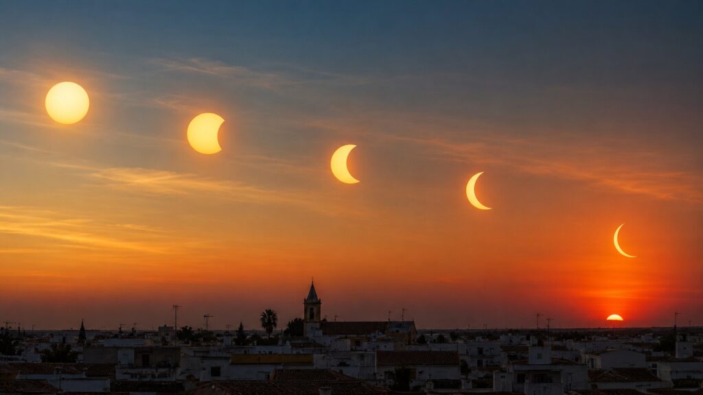 Secuencia de un eclipse solar parcial avanzando mientras el Sol desciende hacia el horizonte en Umbrete