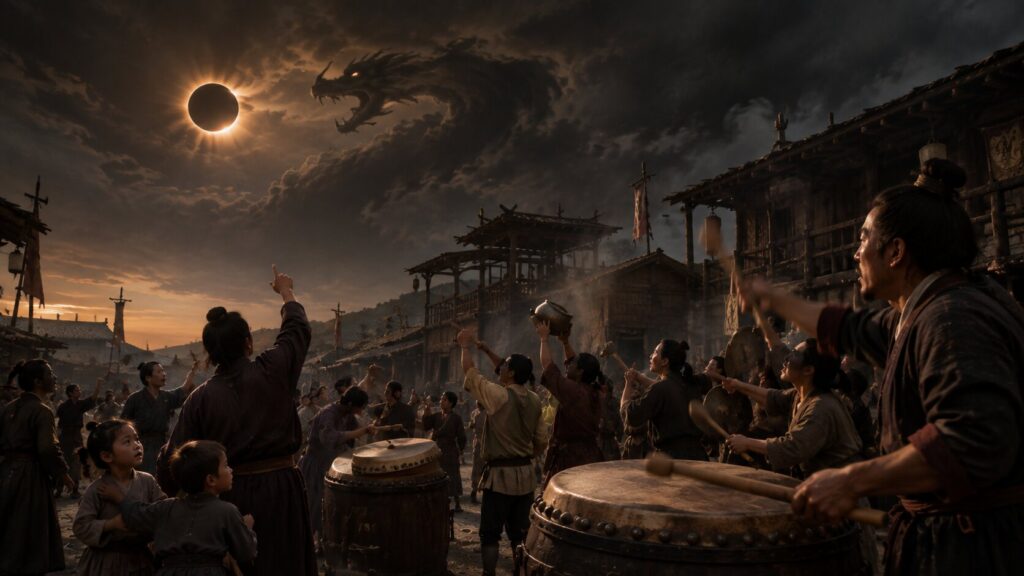Comunidad de la antigua China golpeando tambores durante un eclipse solar asociado al mito del dragón que devora el Sol