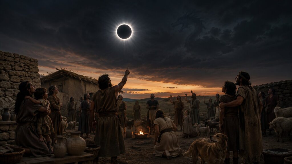 Poblado de la Antigüedad observando con temor y asombro un eclipse total de Sol