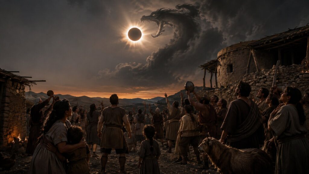 Poblado antiguo contemplando un eclipse solar mientras las nubes sugieren la forma de un dragón