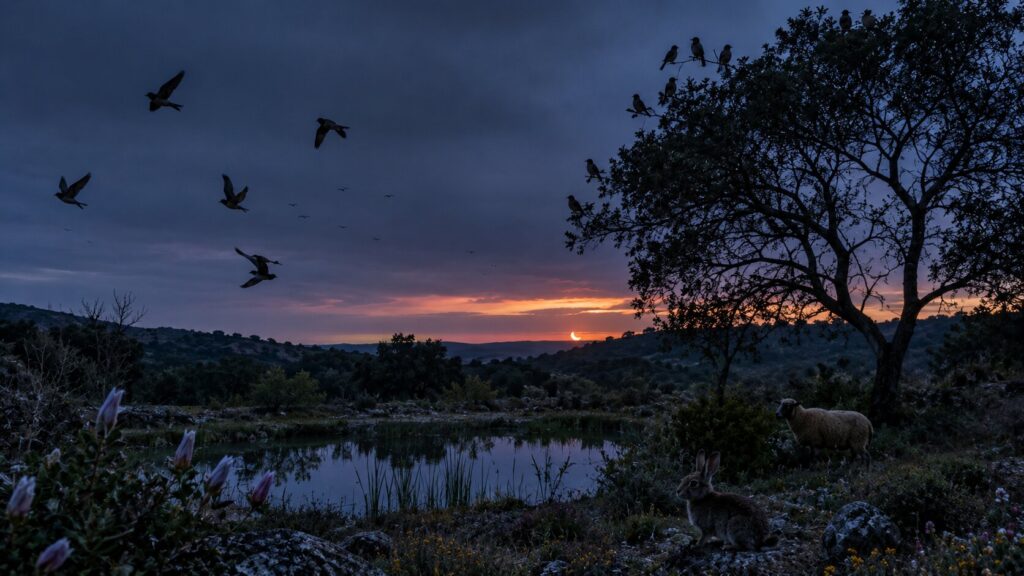 Aves y animales reaccionan al cambio de luz durante un eclipse solar al atardecer