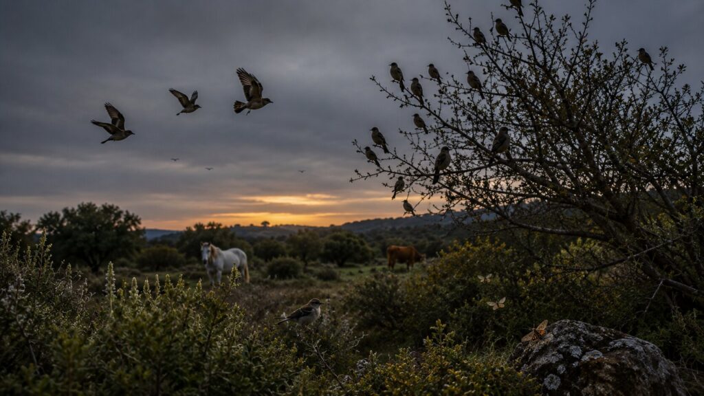 Aves regresando a los árboles y otros animales reaccionando al cambio de luz durante un eclipse
