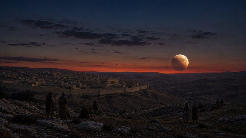 Luna llena parcialmente eclipsada saliendo sobre Jerusalén al anochecer