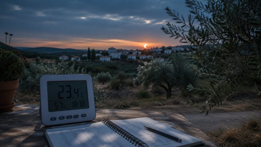 Termómetro exterior durante un eclipse solar parcial al atardecer en un paisaje mediterráneo