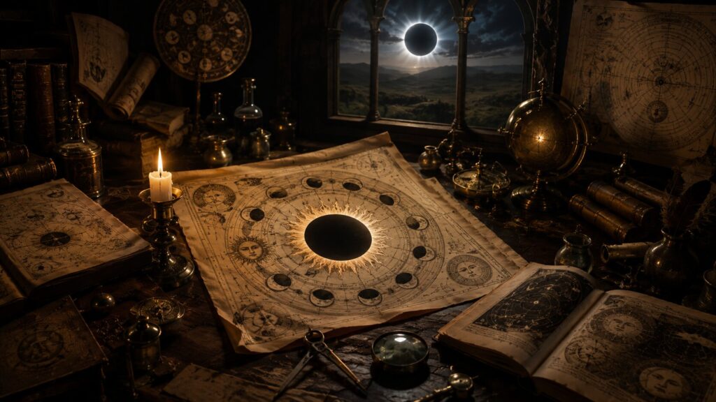 Antiguos manuscritos astronómicos y alquímicos junto a la representación simbólica de un eclipse de Sol