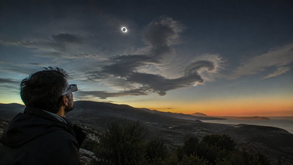 Persona contemplando un eclipse solar al atardecer mientras las nubes forman patrones sugerentes en el cielo