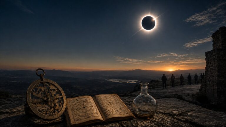 clipse solar total sobre un paisaje con astrolabio, manuscrito astronómico y objetos históricos relacionados con la interpretación del cielo