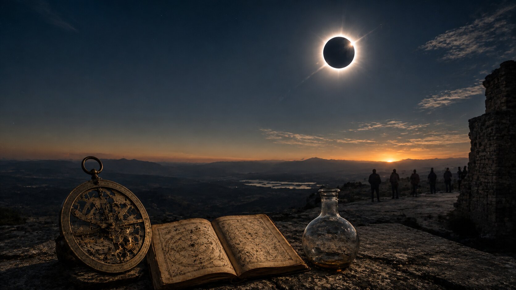 clipse solar total sobre un paisaje con astrolabio, manuscrito astronómico y objetos históricos relacionados con la interpretación del cielo