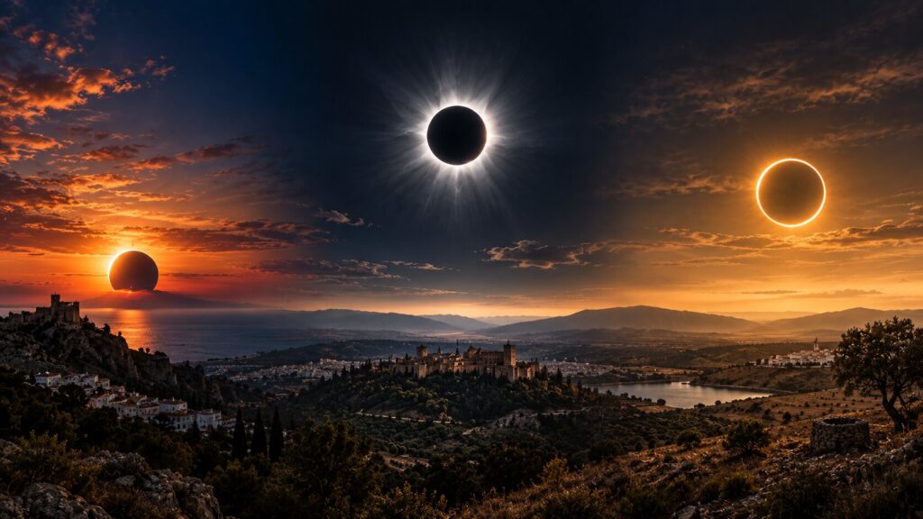 Composición panorámica con los eclipses solares de 2026, 2027 y 2028: parcial al atardecer, total y anular