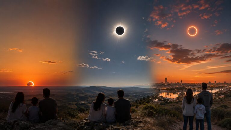 Tres eclipses solares sobre paisajes de España representando los años 2026, 2027 y 2028