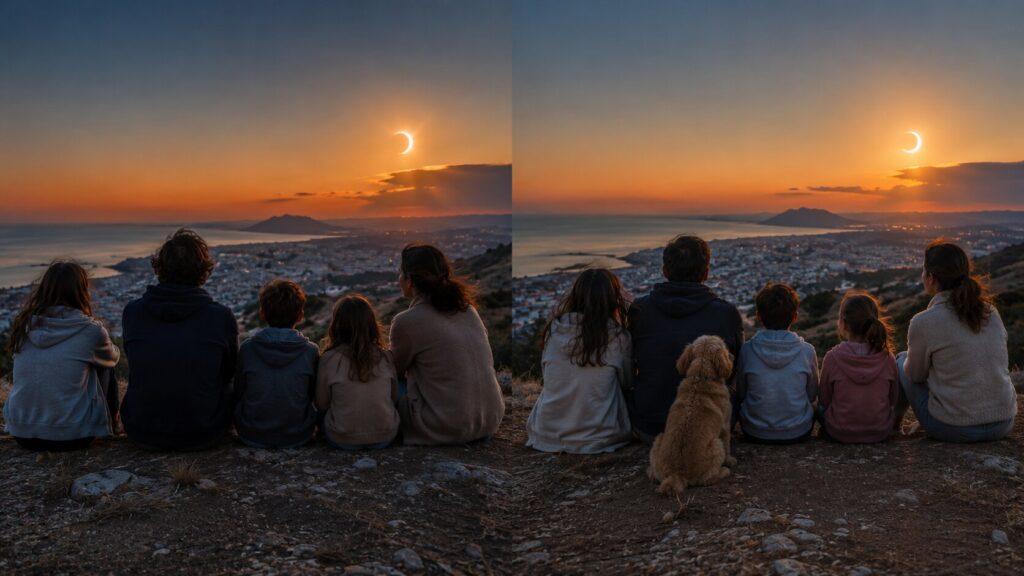 Familia contemplando un eclipse en dos momentos separados por un año, mostrando pequeños cambios con el paso del tiempo