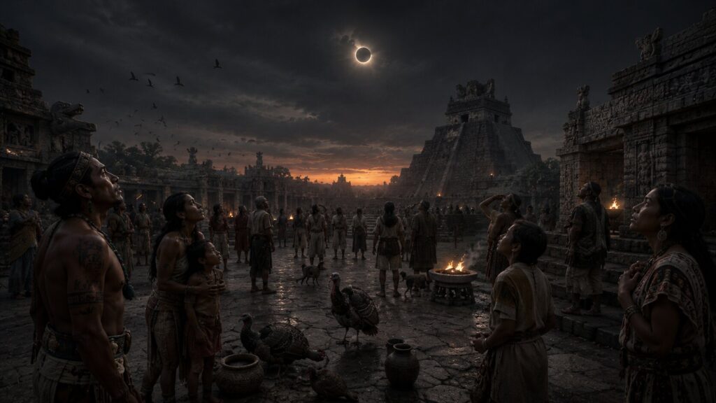 Comunidad mesoamericana observando un eclipse solar sobre una plaza ceremonial