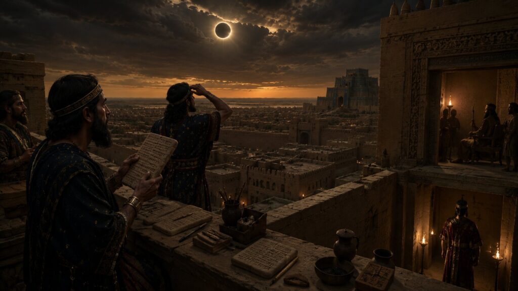 Escribas mesopotámicos observando un eclipse solar y consultando tablillas de arcilla