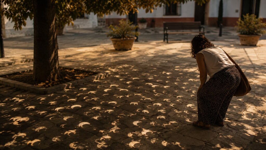 Proyecciones en forma de media luna del Sol eclipsado bajo un árbol durante un eclipse parcial
