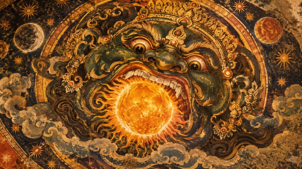 Representación artística de Rahu engullendo el Sol durante un eclipse en la mitología hindú
