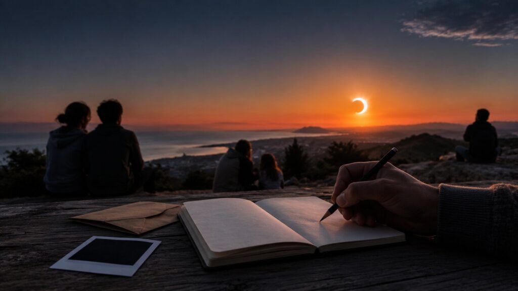 Persona escribiendo en un cuaderno mientras observa un eclipse solar al atardecer junto a otras personas
