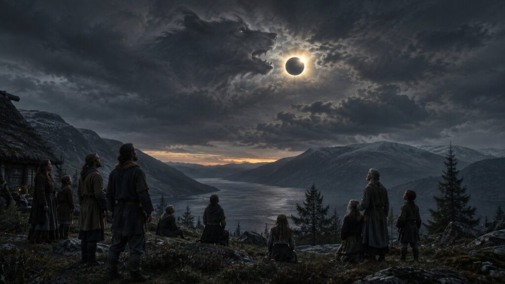 Paisaje nórdico durante un eclipse solar con una figura de lobo sugerida entre las nubes