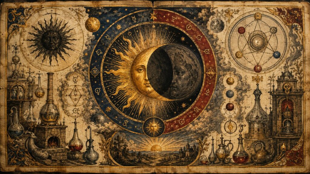 Ilustración alquímica antigua del Sol y la Luna superpuestos, rodeados de símbolos astronómicos e instrumentos de alquimia