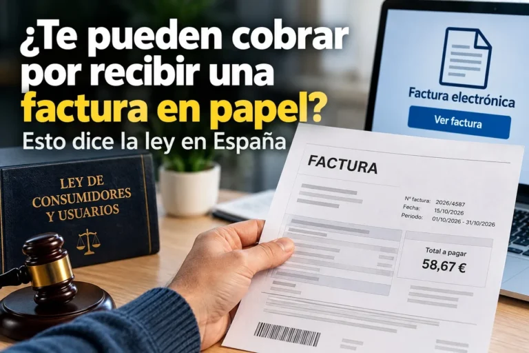 Una mano sostiene una factura en papel frente a un ordenador que muestra una factura electrónica, junto a un libro sobre derechos del consumidor.