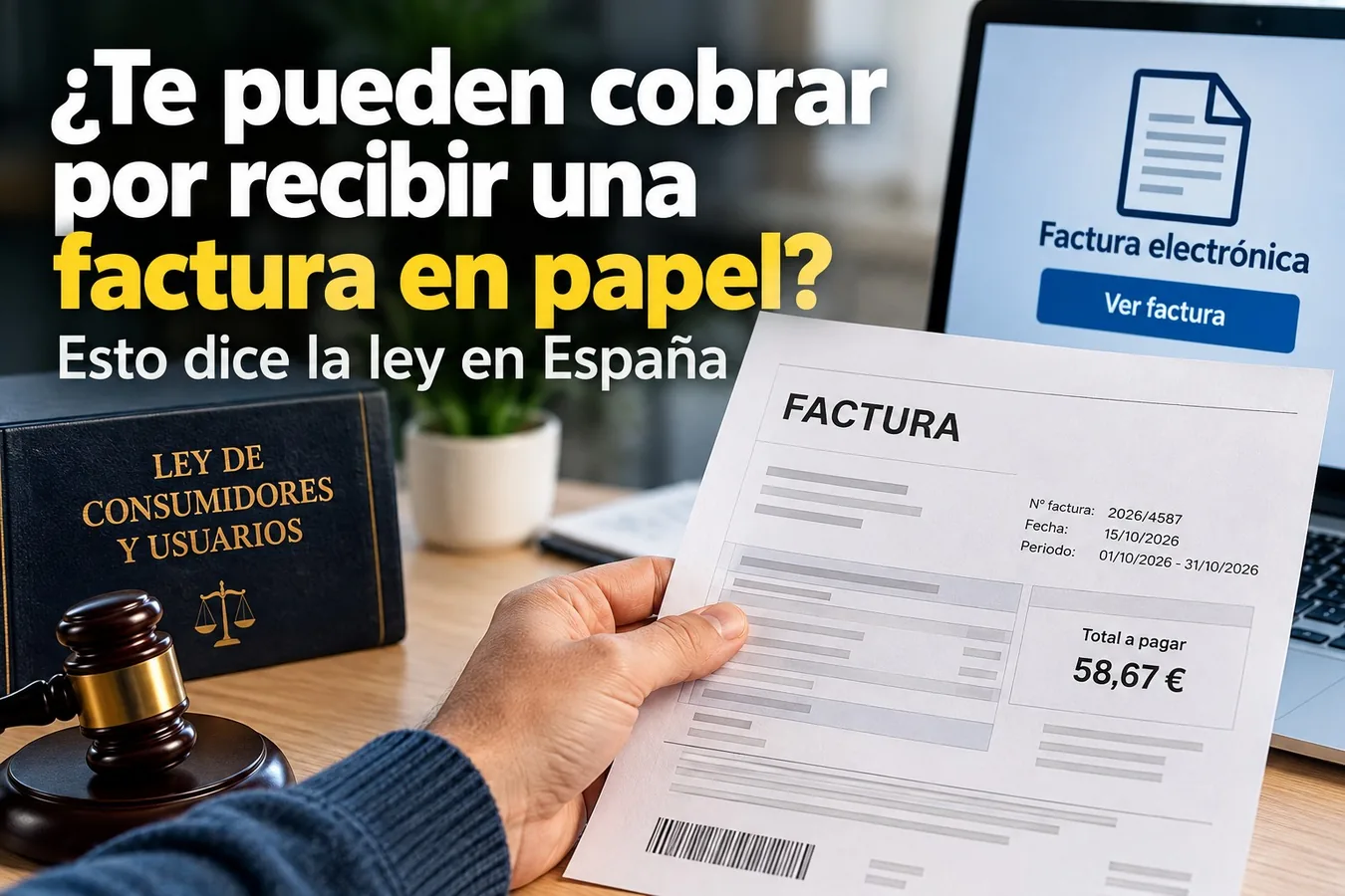 Una mano sostiene una factura en papel frente a un ordenador que muestra una factura electrónica, junto a un libro sobre derechos del consumidor.