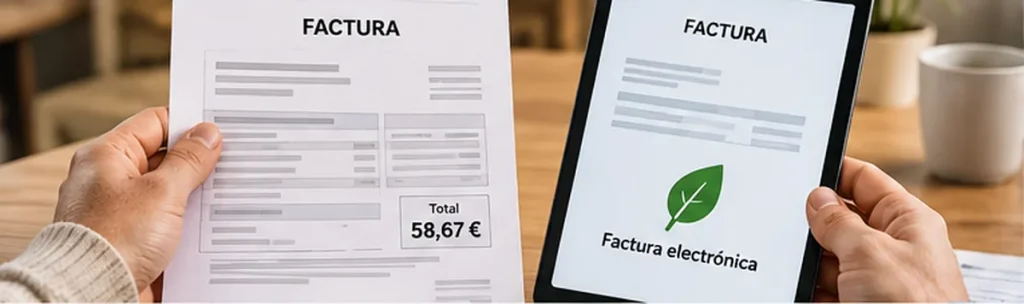 Una persona sostiene una factura impresa junto a una tableta que muestra una factura electrónica.
