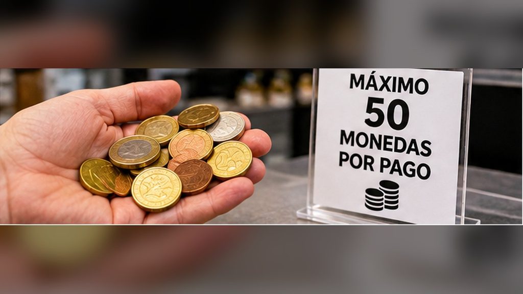 Mano con monedas de euro junto a un cartel que indica el máximo de 50 monedas por pago