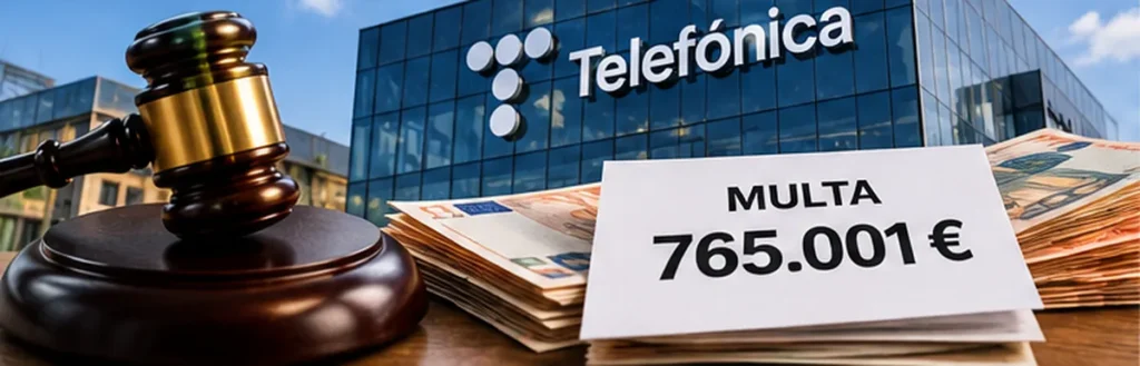 Composición ilustrativa con un edificio de Telefónica, un mazo judicial y una referencia a una sanción de 765.001 euros.