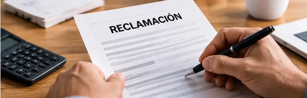 Una persona rellena con un bolígrafo un documento de reclamación sobre una mesa.