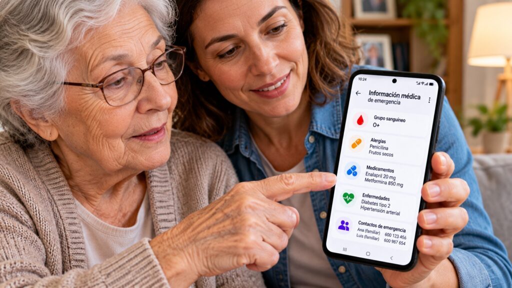Mujer mayor y su hija revisan en un móvil Android la información médica de emergencia, medicamentos, alergias y contactos familiares.