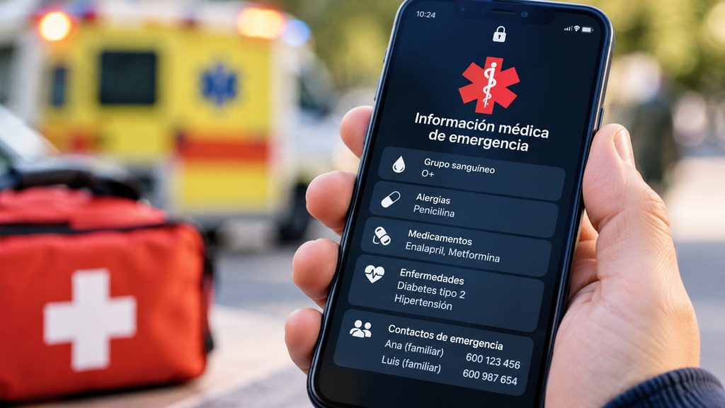 Datos médicos de emergencia en la pantalla de un móvil Android bloqueado