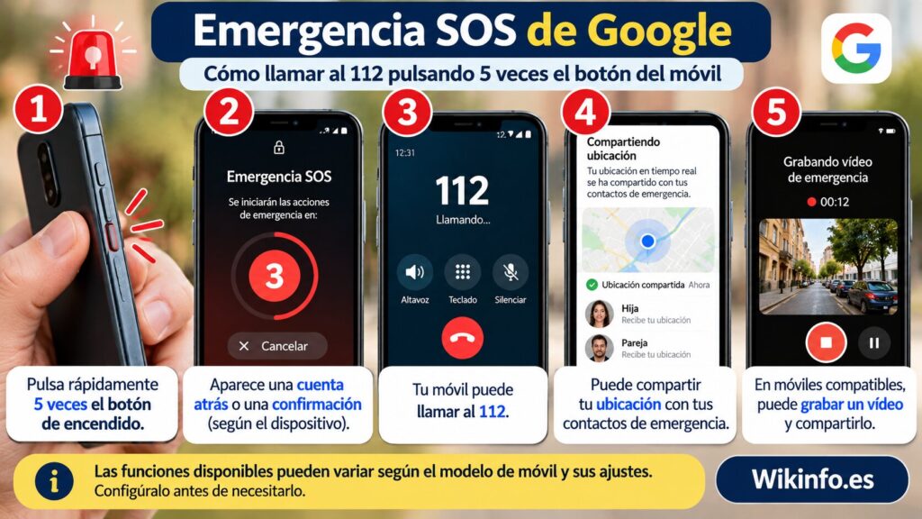 Infografía de Emergencia SOS en Android: cinco pulsaciones del botón de encendido para llamar al 112 y activar otras funciones de seguridad.