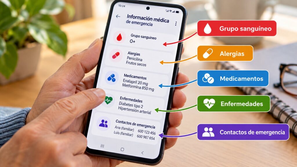 Pantalla de un móvil Android con información médica de emergencia: grupo sanguíneo, alergias, medicamentos, enfermedades y contactos familiares.