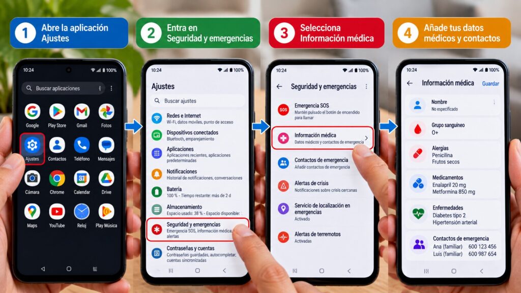 Infografía con cuatro pasos para configurar la información médica de emergencia en Android: ajustes, seguridad, datos médicos y contactos.