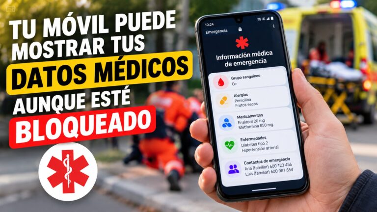 Datos médicos de emergencia en Android visibles con el móvil bloqueado: alergias, medicamentos y contactos familiares.