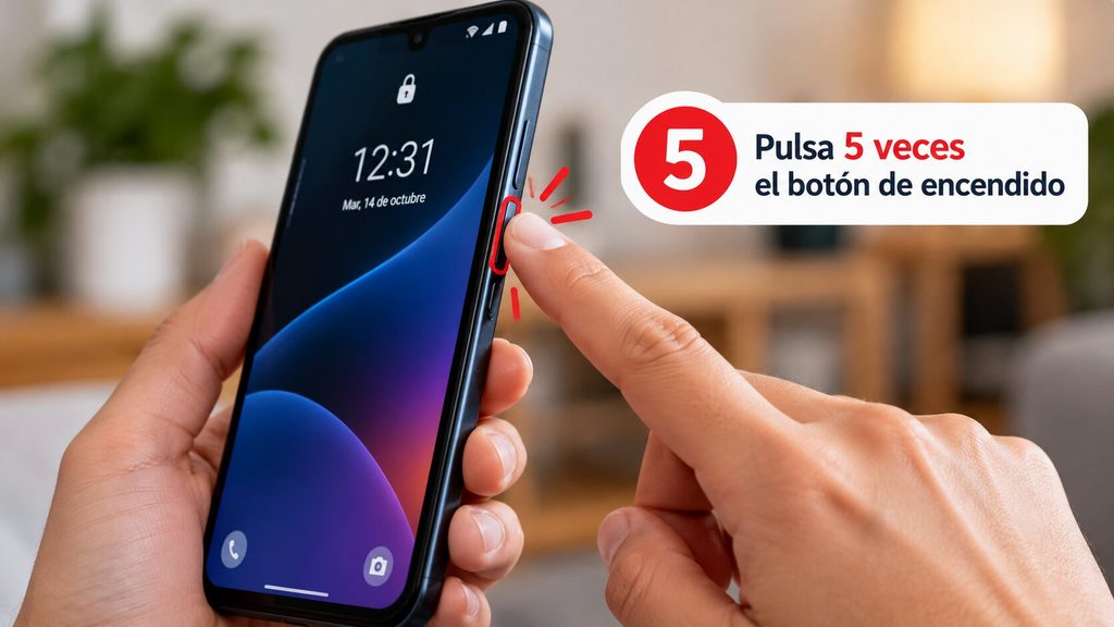 Mano pulsando el botón lateral de un móvil Android cinco veces para activar la función Emergencia SOS.