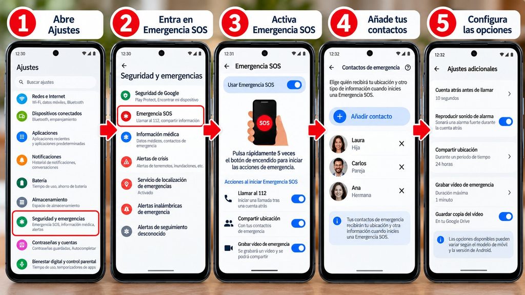 Infografía con cinco pantallas de Android que explican cómo configurar Emergencia SOS desde Ajustes, añadir contactos y seleccionar las opciones de emergencia.