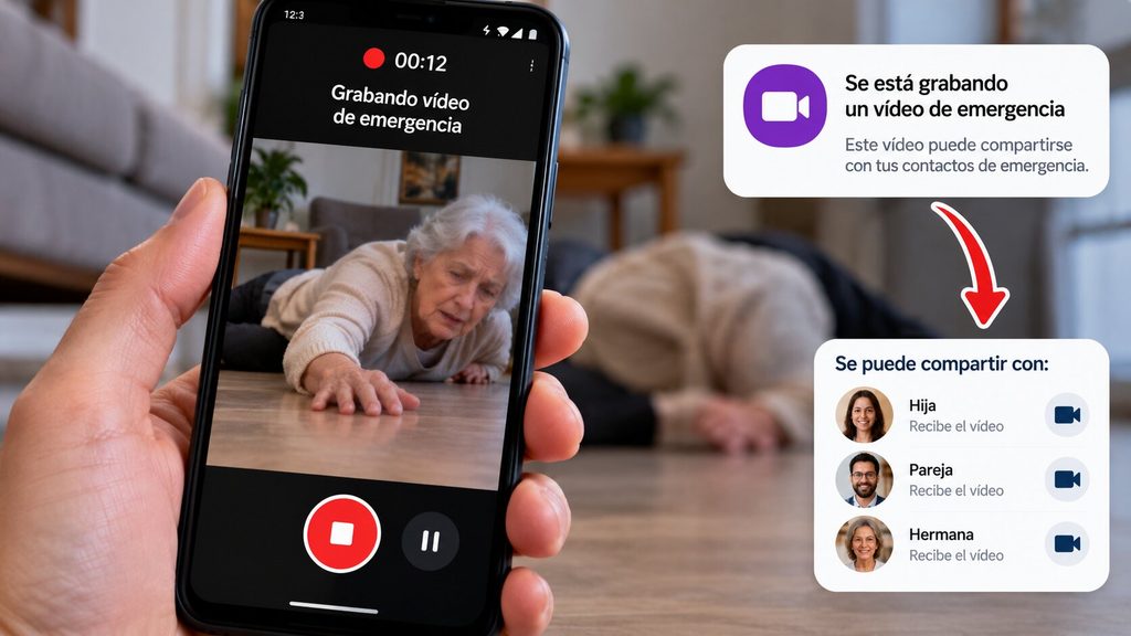 Ilustración de un móvil Android grabando un vídeo de emergencia tras una caída, con opciones para compartirlo con contactos de confianza.