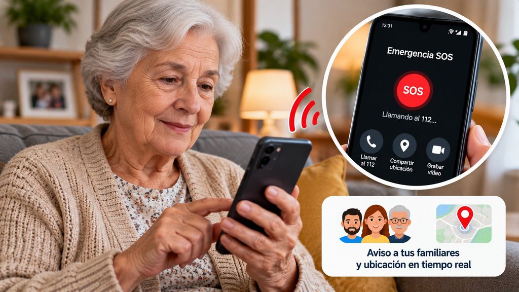 Mujer mayor utilizando un teléfono móvil en casa, con una ilustración de Emergencia SOS de Android y el aviso de ubicación a familiares.