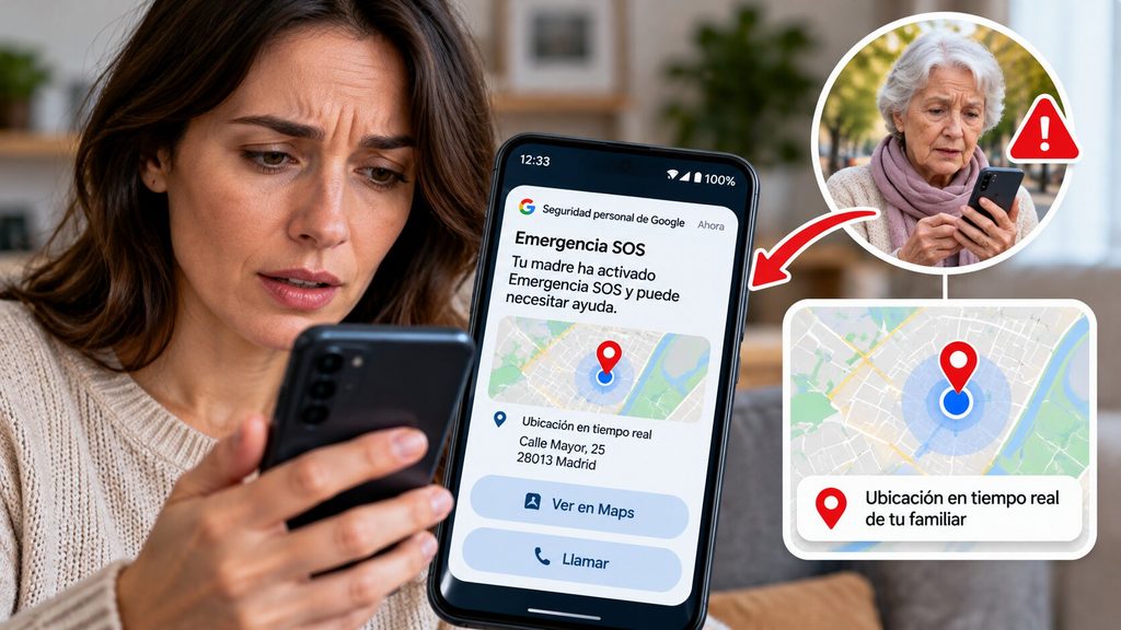 Mujer recibe un aviso de Emergencia SOS de su madre en el móvil con un mapa de ubicación compartida.